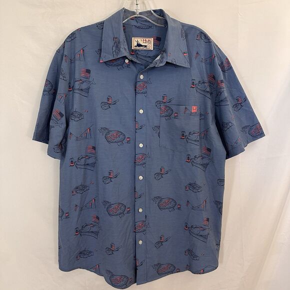 HUK Men's Fishing Shirt LARGE Short Sleeve Button Down Americookin Kona Blue - Picture 2 of 7
